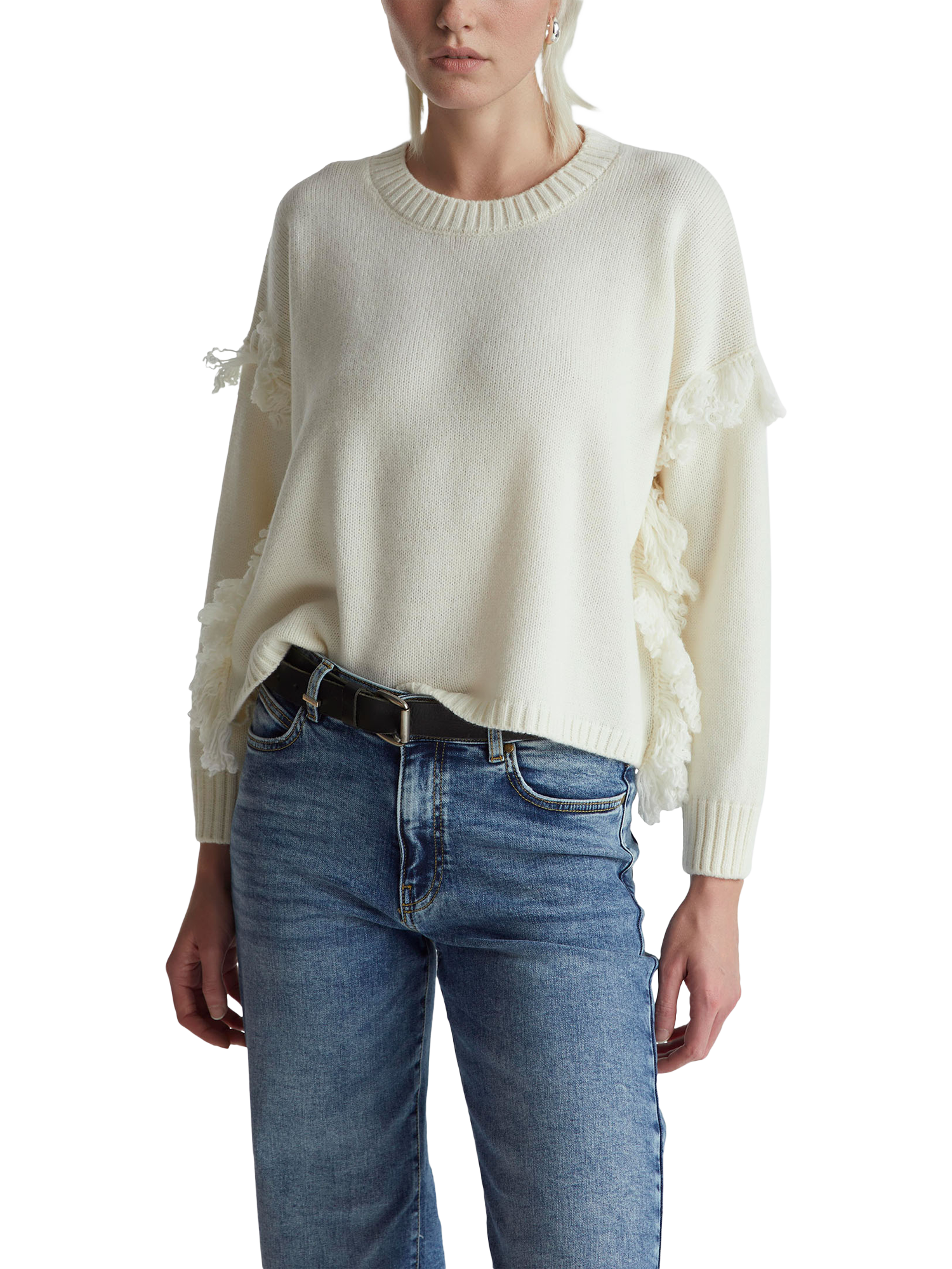 Product image 1 of 6, which shows Benetton Fringed Boxy Wool Rich Jumper, White, XS