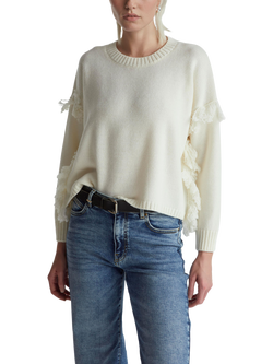 Benetton Fringed Boxy Wool Rich Jumper, White, White