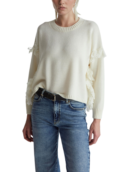 Benetton Fringed Boxy Wool Rich Jumper, White, White