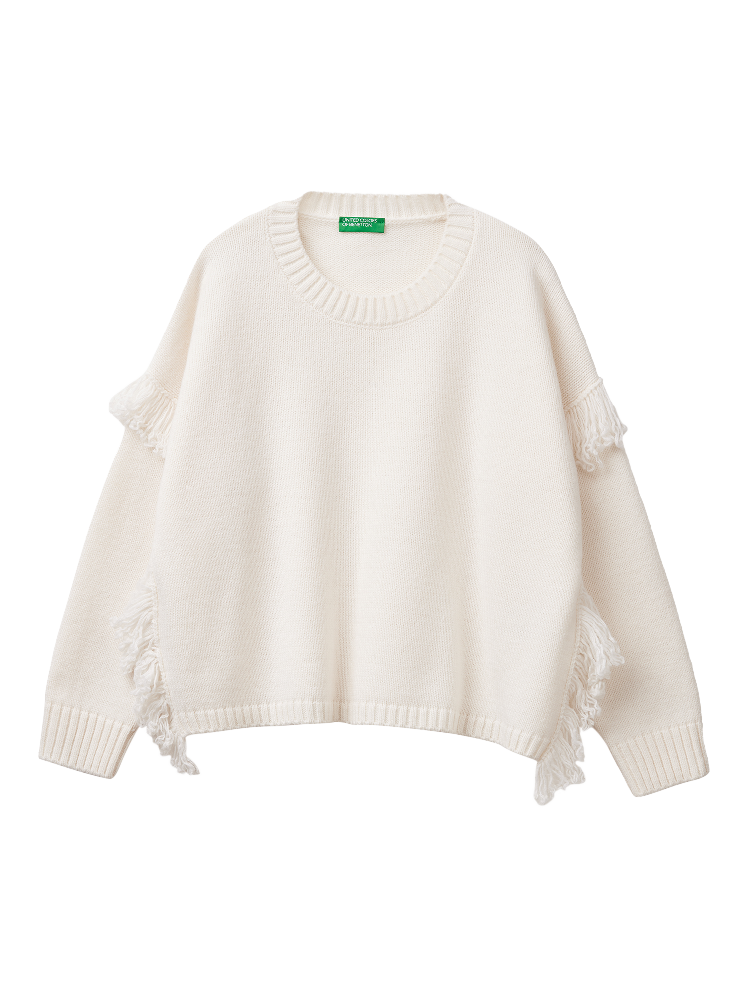 Product image 4 of 6, which shows Benetton Fringed Boxy Wool Rich Jumper, White, XS