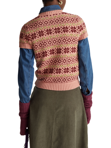 Benetton Jacquard Crew Neck Short Sleeved Jumper, Pink - view 2, Pink