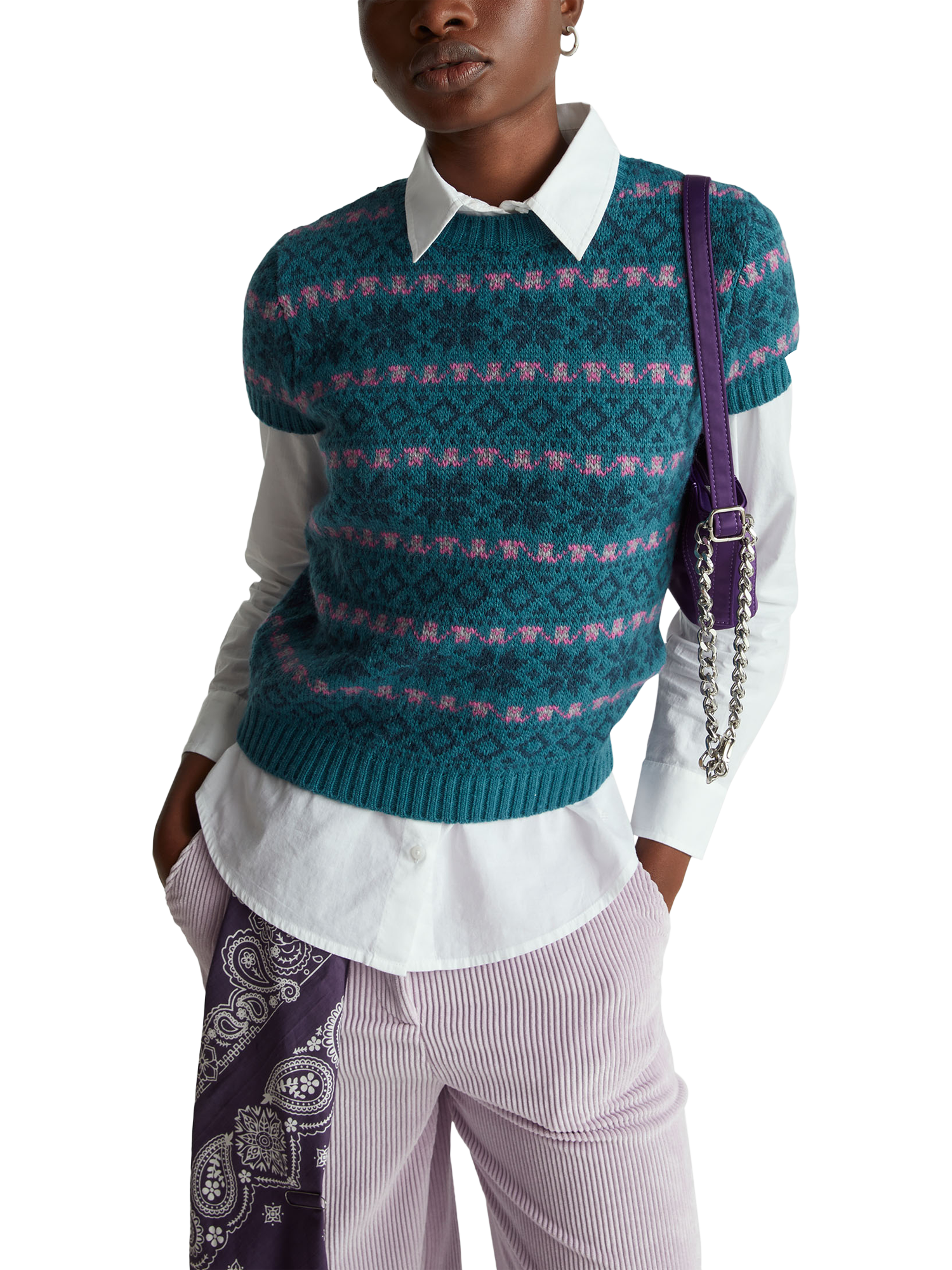 Product image 1 of 6, which shows Benetton Jacquard Wool Blend Short Sleeve Jumper, Blue, M