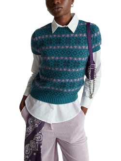 Benetton Jacquard Wool Blend Short Sleeve Jumper, Blue, Blue