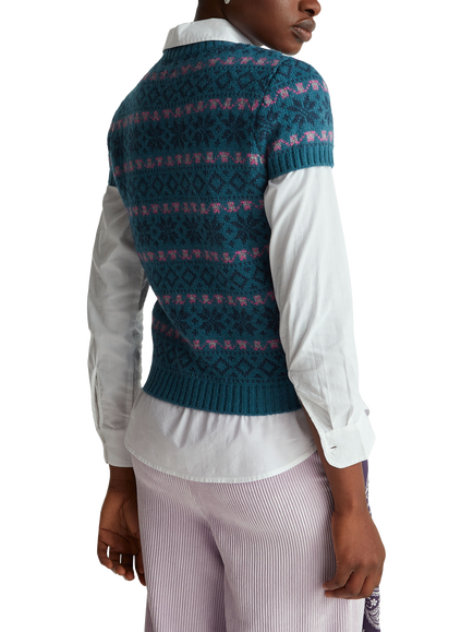 Benetton Jacquard Wool Blend Short Sleeve Jumper, Blue - view 2, Blue