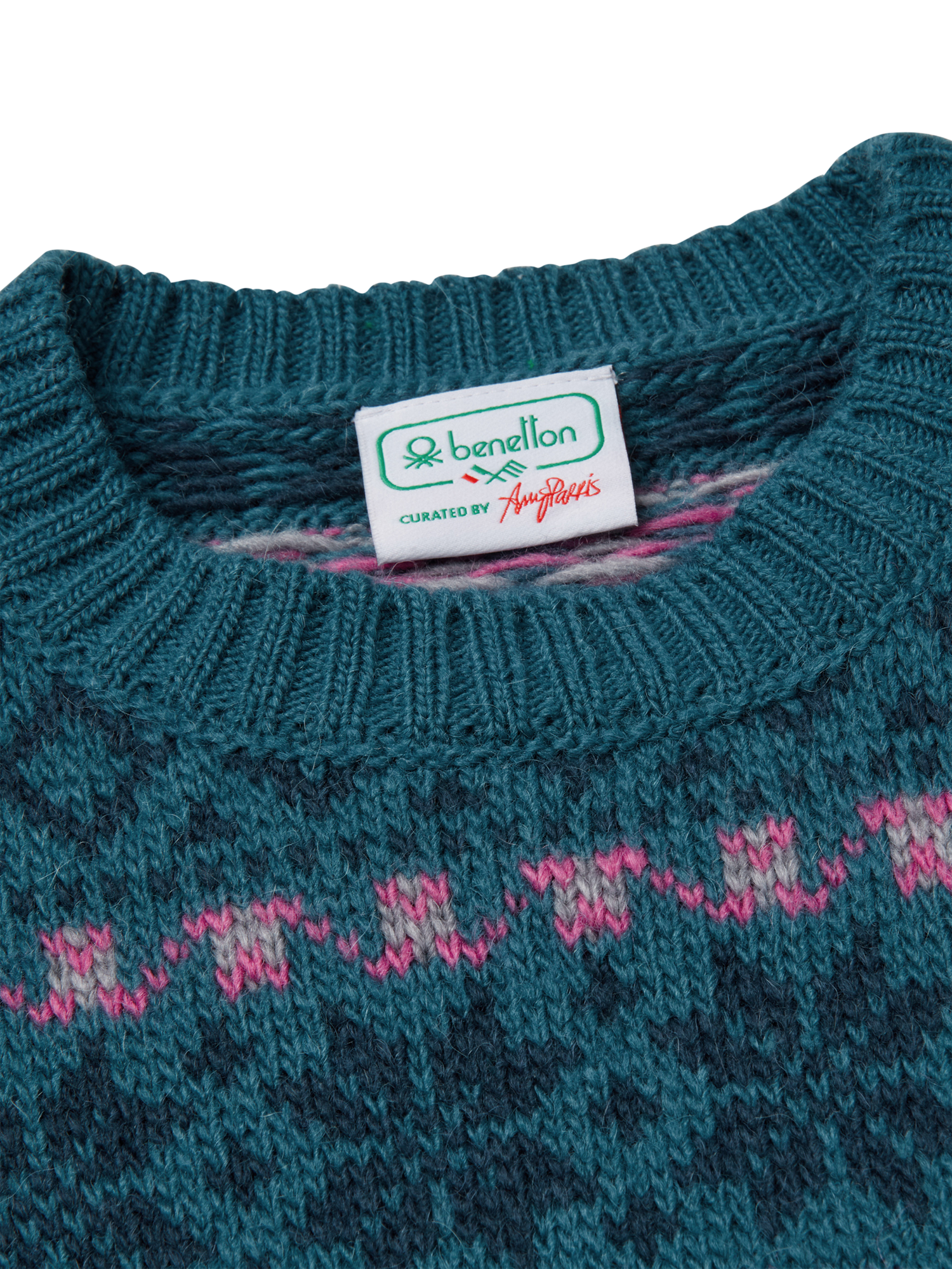 Product image 6 of 6, which shows Benetton Jacquard Wool Blend Short Sleeve Jumper, Blue, M