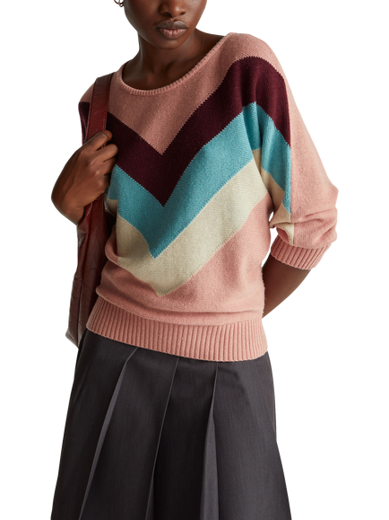 Benetton Bat Sleeve Intarsia Cashmere Blend Jumper, Pink/Multi, Pink/Multi