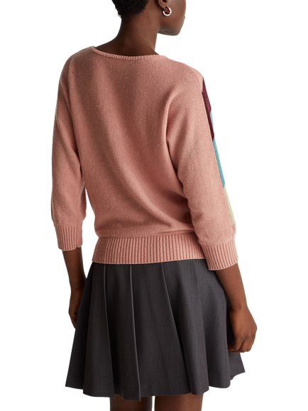 Benetton Bat Sleeve Intarsia Cashmere Blend Jumper, Pink/Multi - view 2, Pink/Multi