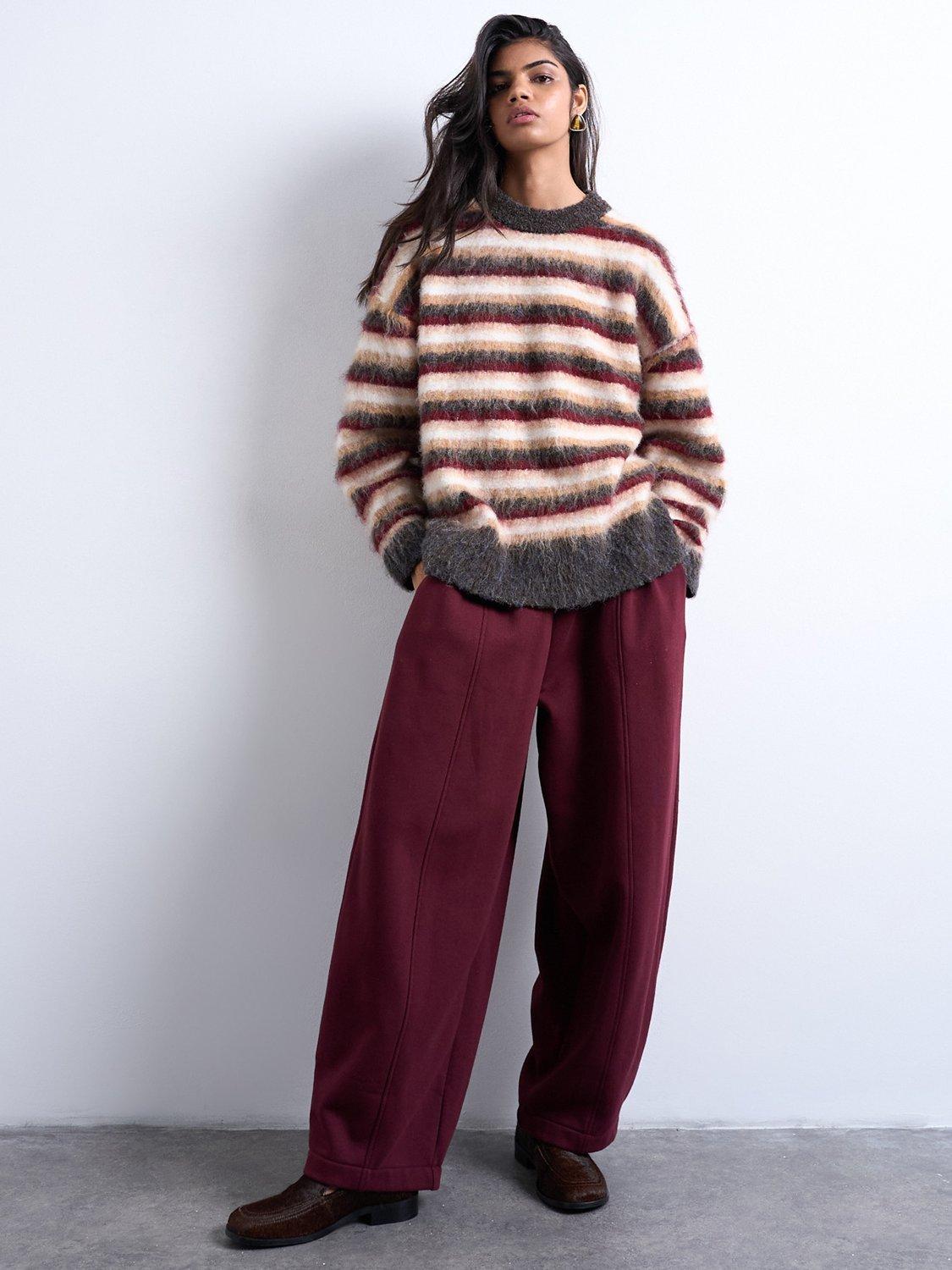 Product image 1 of 4, which shows Topshop Fluffy Stripe Jumper, Burgundy/Multi, S