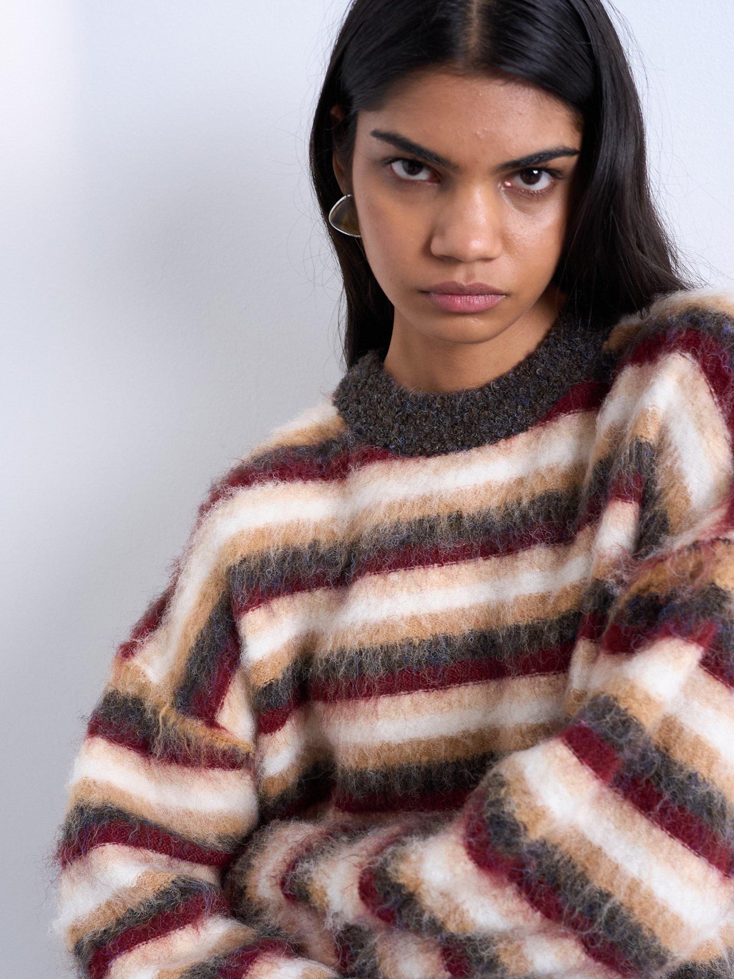 Product image 2 of 4, which shows Topshop Fluffy Stripe Jumper, Burgundy/Multi, S