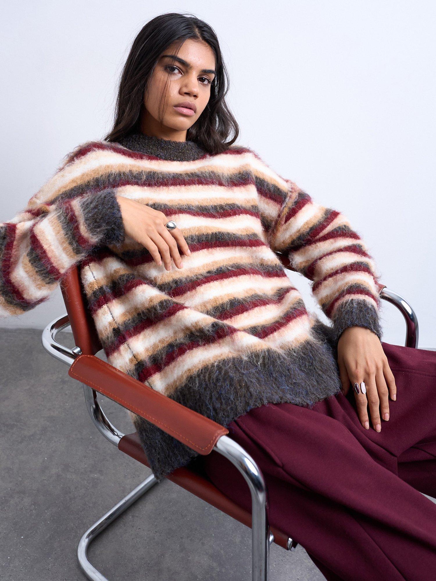 Product image 3 of 4, which shows Topshop Fluffy Stripe Jumper, Burgundy/Multi, S