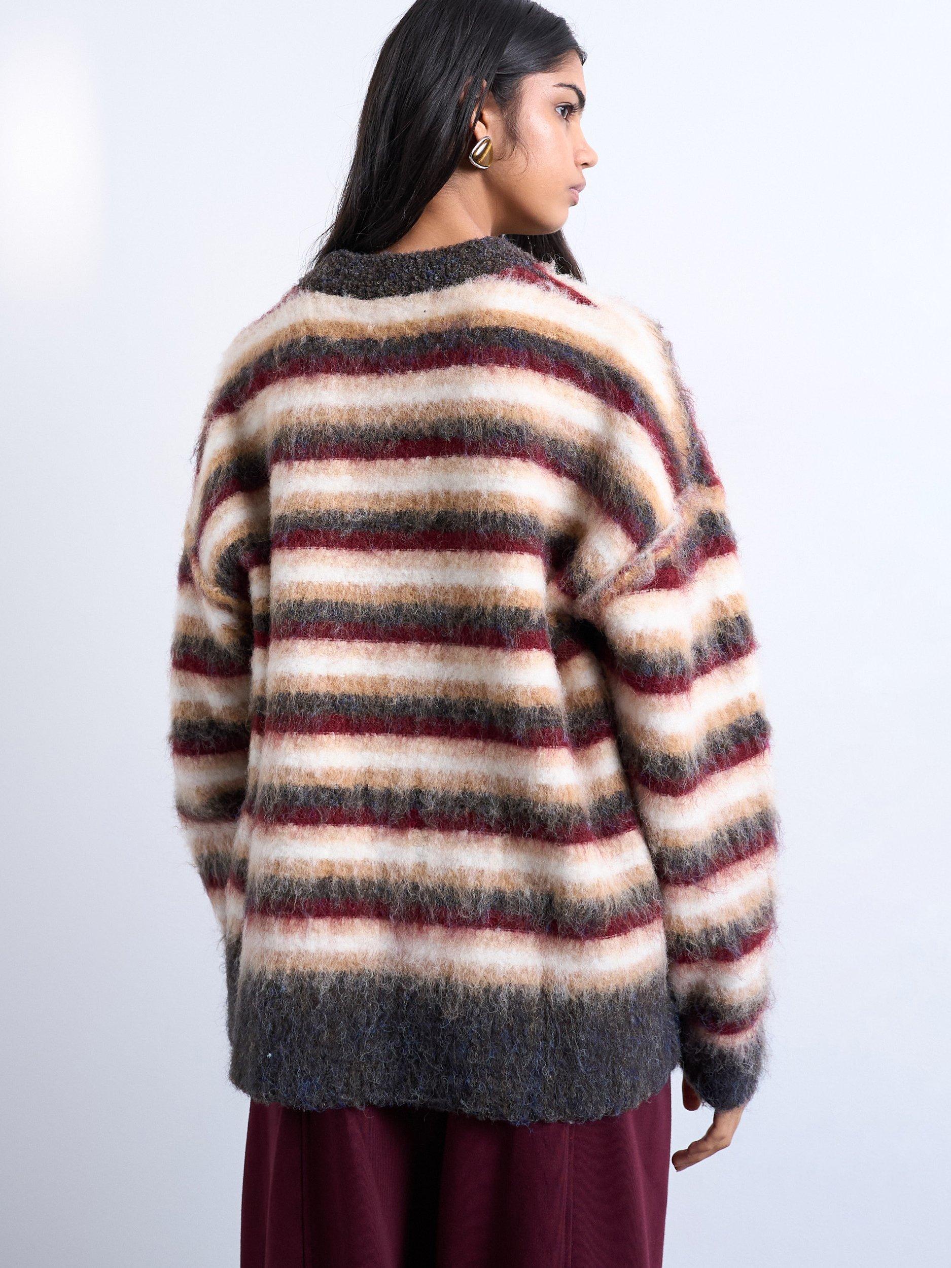 Product image 4 of 4, which shows Topshop Fluffy Stripe Jumper, Burgundy/Multi, S