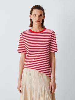 John Lewis Organic Cotton Striped Short Sleeve Crew Neck T-Shirt, Red, Red
