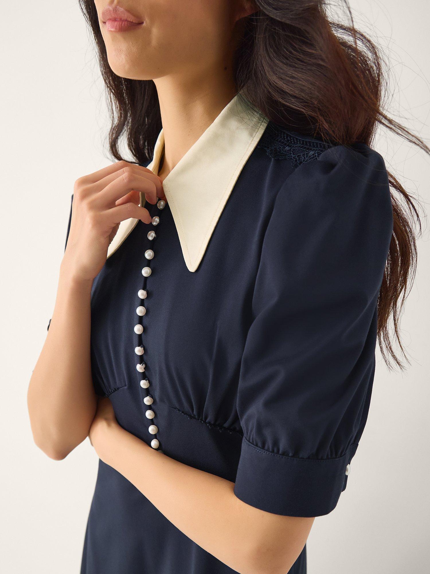 Product image 3 of 5, which shows Monsoon Clay Collar Jersey Tea Dress, Navy, 8