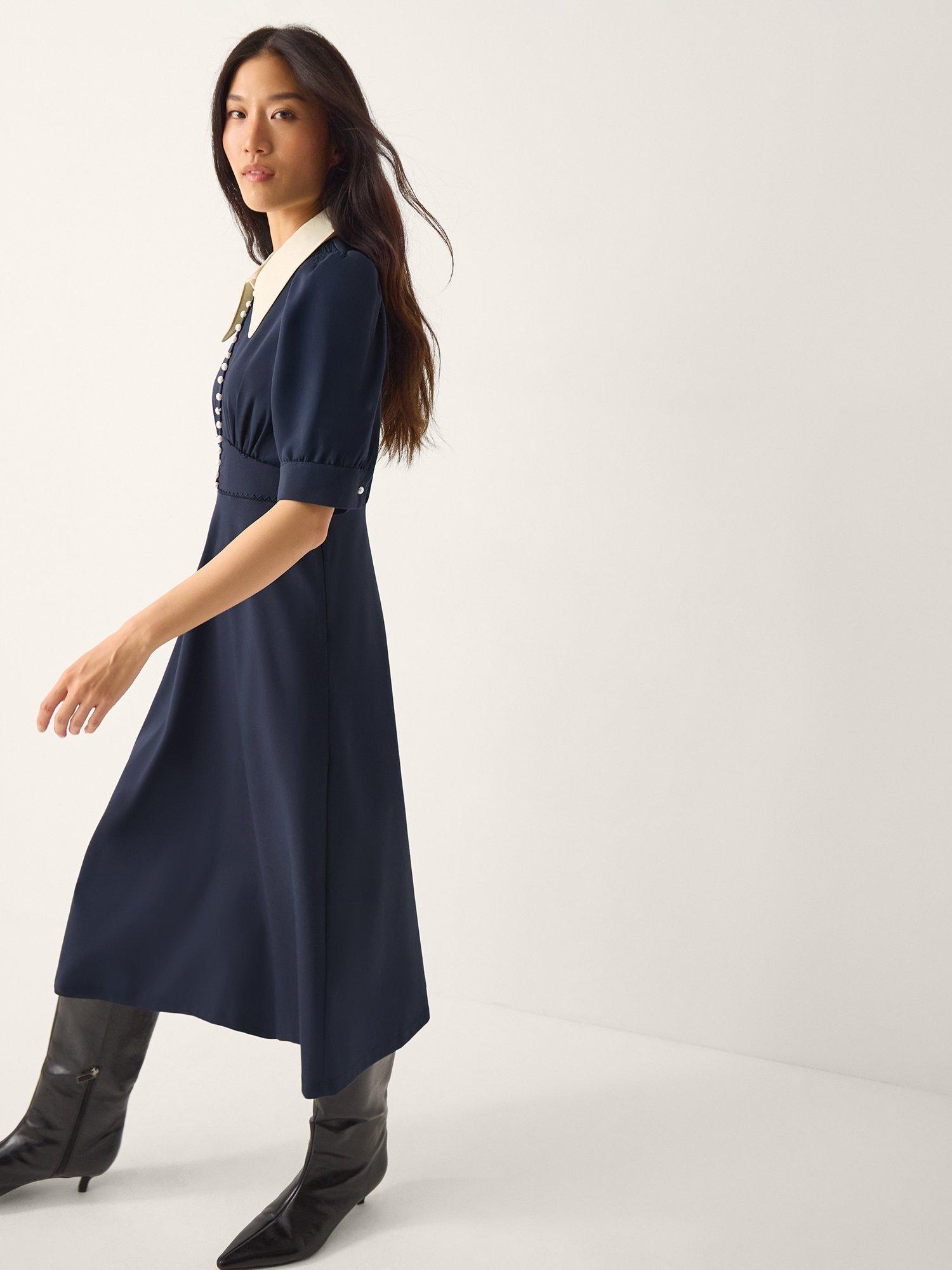 Product image 4 of 5, which shows Monsoon Clay Collar Jersey Tea Dress, Navy, 8