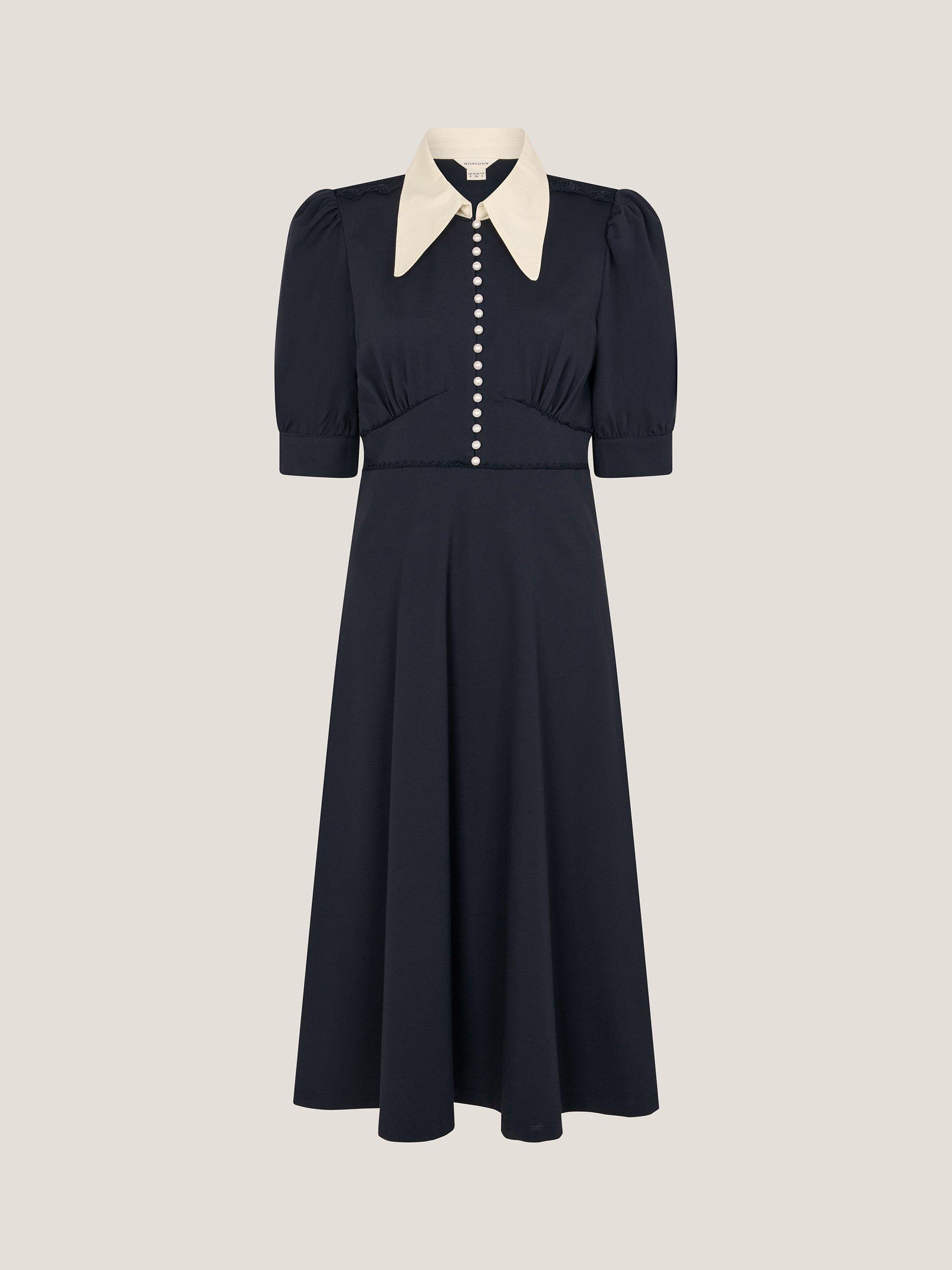 Product image 5 of 5, which shows Monsoon Clay Collar Jersey Tea Dress, Navy, 8