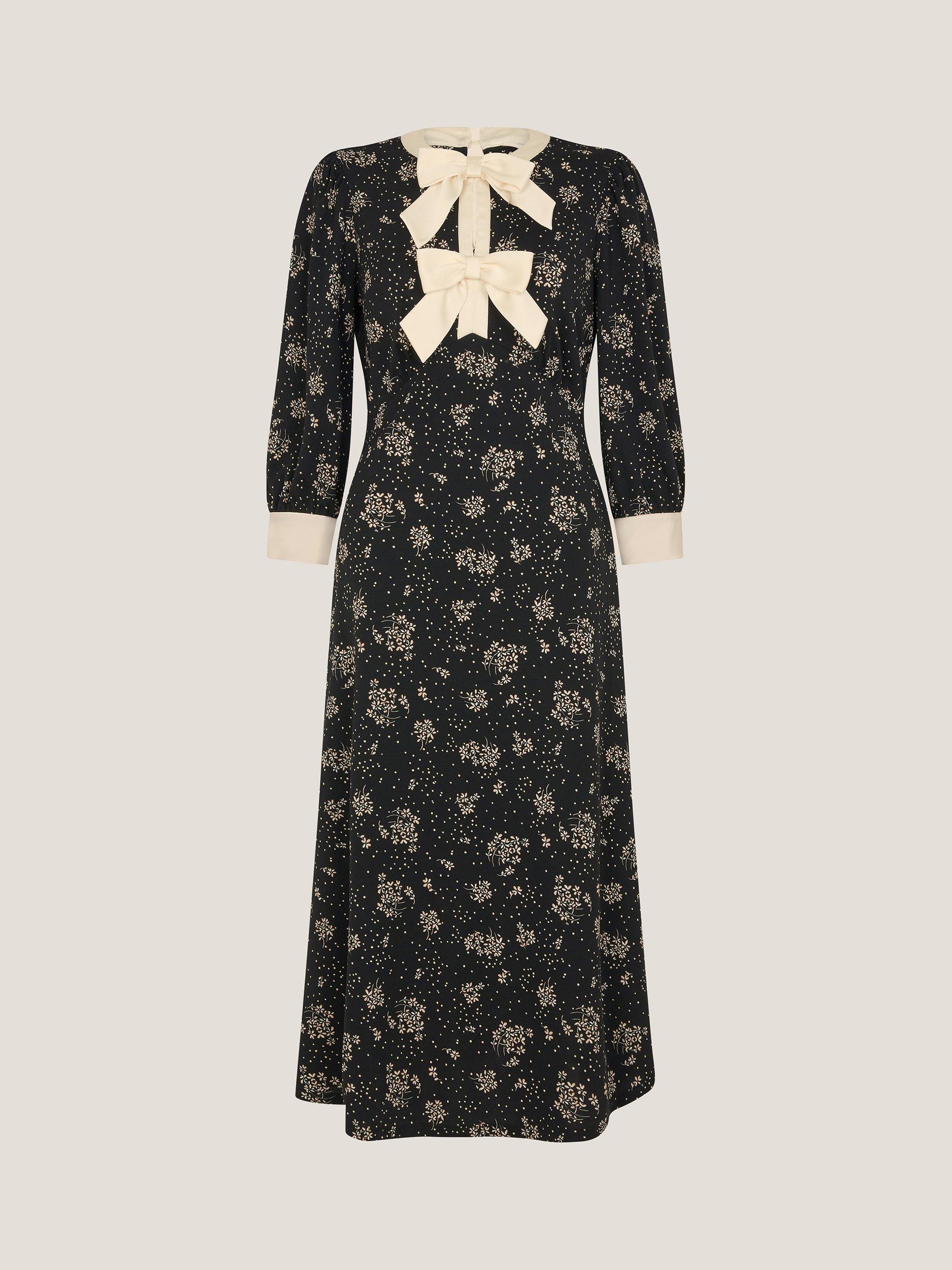 Product image 5 of 5, which shows Monsoon Dotty Bow Floral Jersey Midi Dress, Black, S
