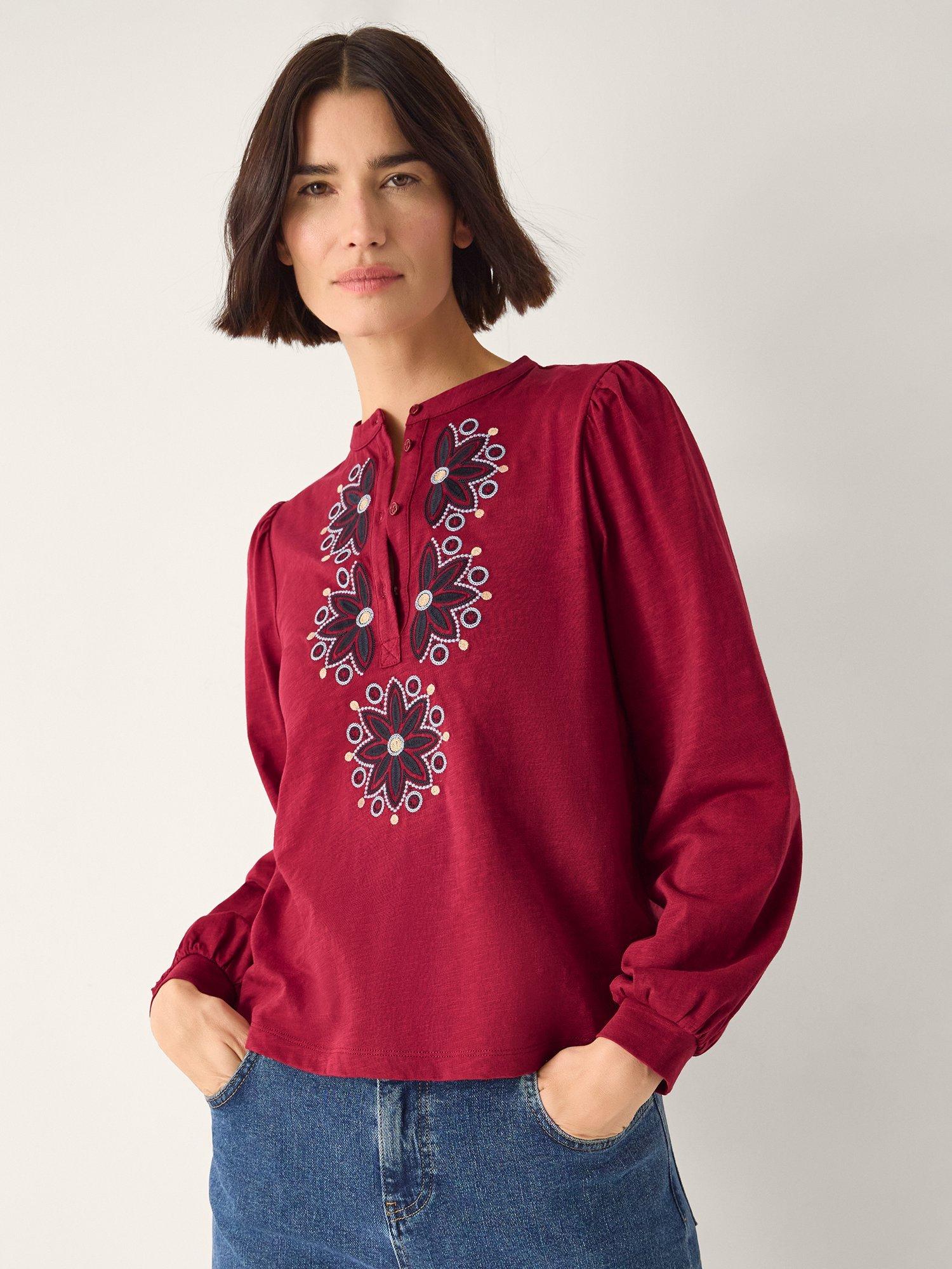 Product image 1 of 5, which shows Monsoon Esme Embroidered Jersey Blouse, Burgundy, S