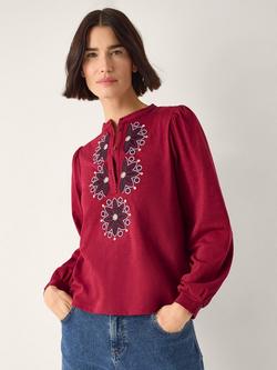 Monsoon Esme Embroidered Jersey Blouse, Burgundy, Burgundy