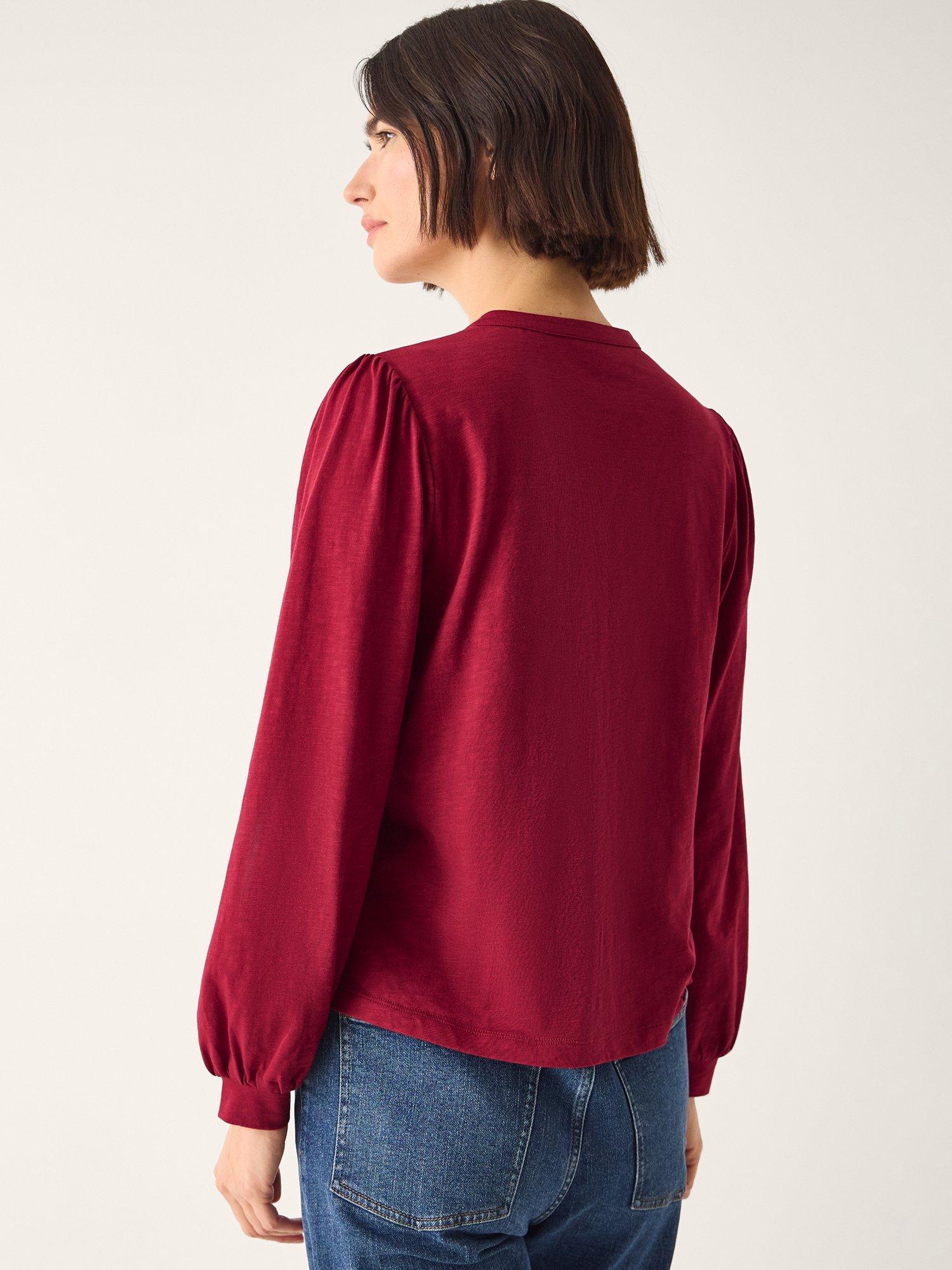 Product image 2 of 5, which shows Monsoon Esme Embroidered Jersey Blouse, Burgundy, S