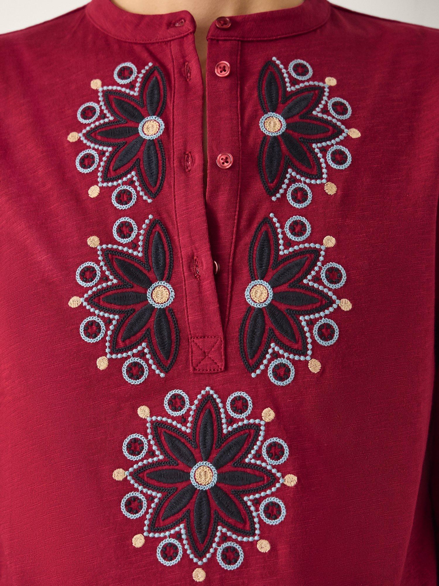 Product image 3 of 5, which shows Monsoon Esme Embroidered Jersey Blouse, Burgundy, S