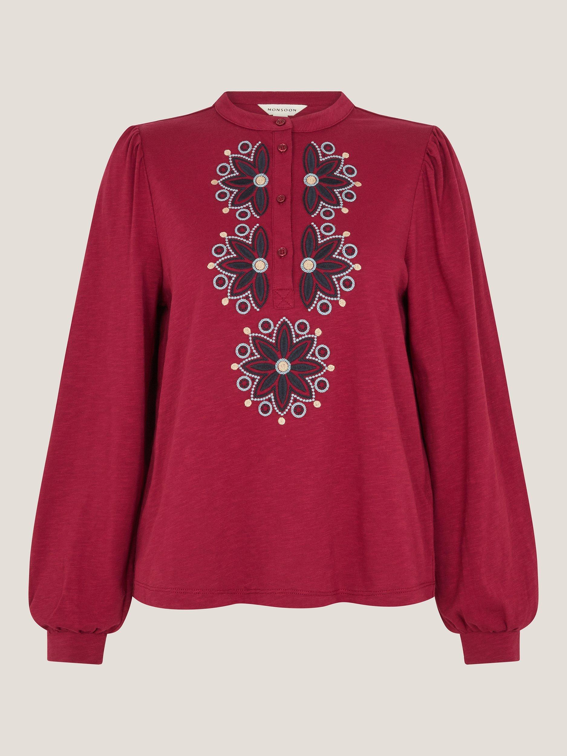 Product image 5 of 5, which shows Monsoon Esme Embroidered Jersey Blouse, Burgundy, S