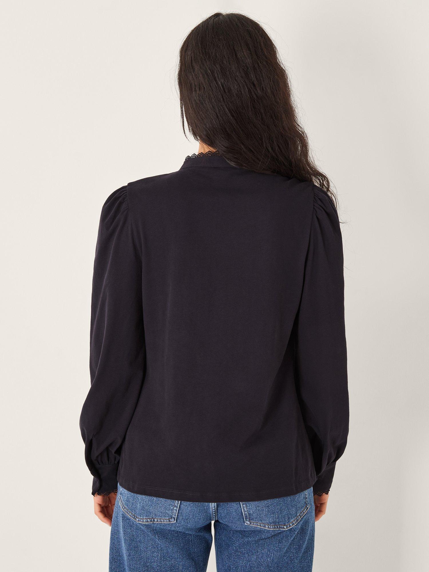 Product image 2 of 5, which shows Monsoon Layla Lace Trim Shirt, Navy, S