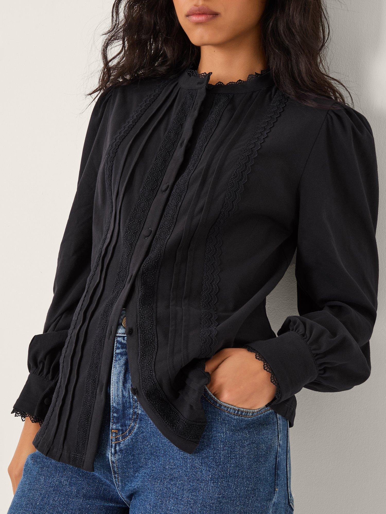Product image 3 of 5, which shows Monsoon Layla Lace Trim Shirt, Navy, S