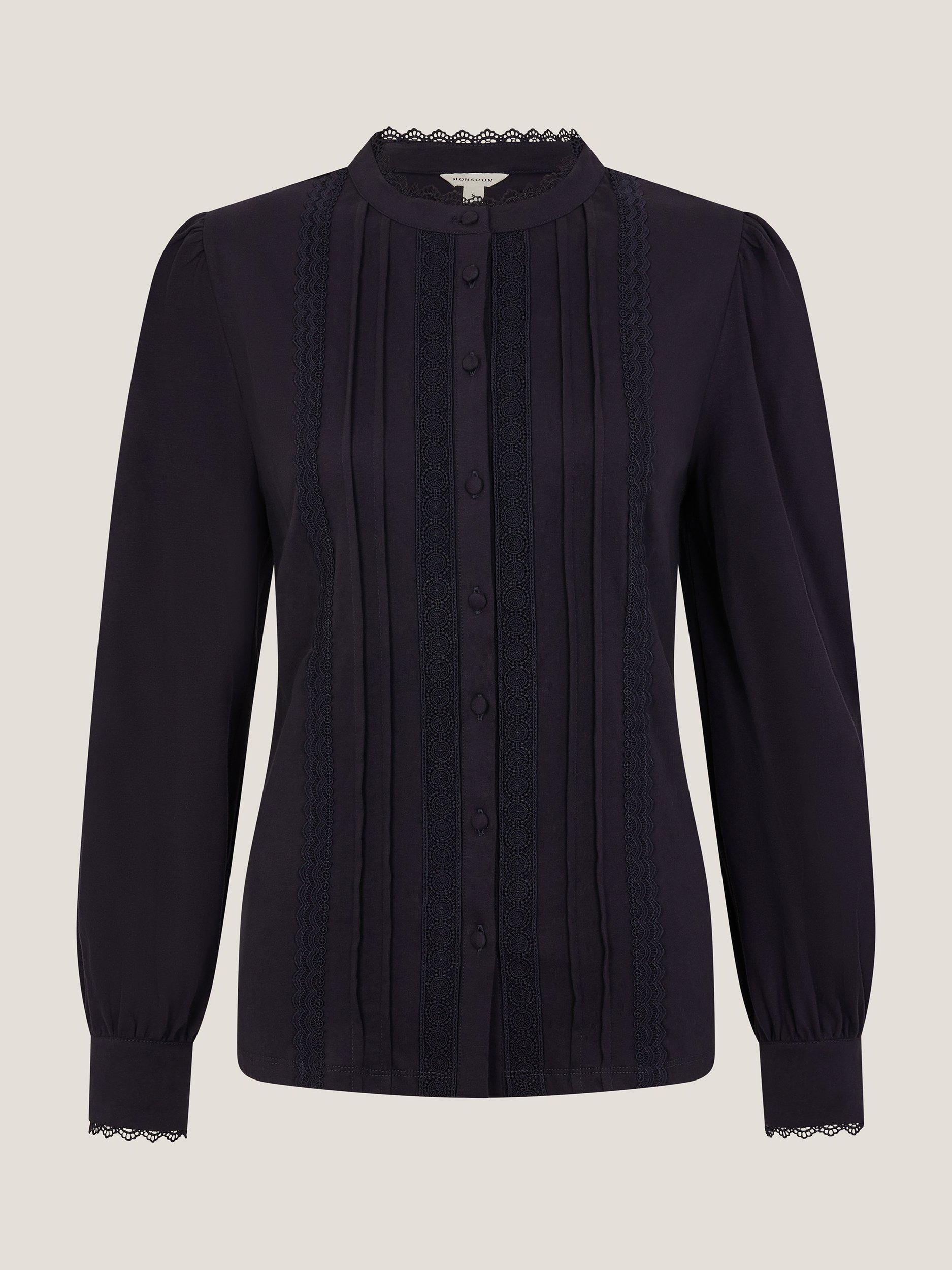 Product image 5 of 5, which shows Monsoon Layla Lace Trim Shirt, Navy, S