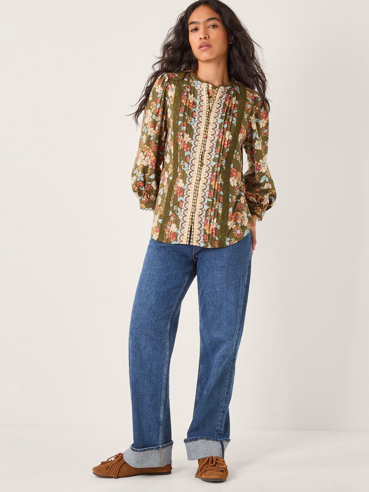 Product image 1 of 5, which shows Monsoon Olive Floral Jersey Shirt, Khaki, S