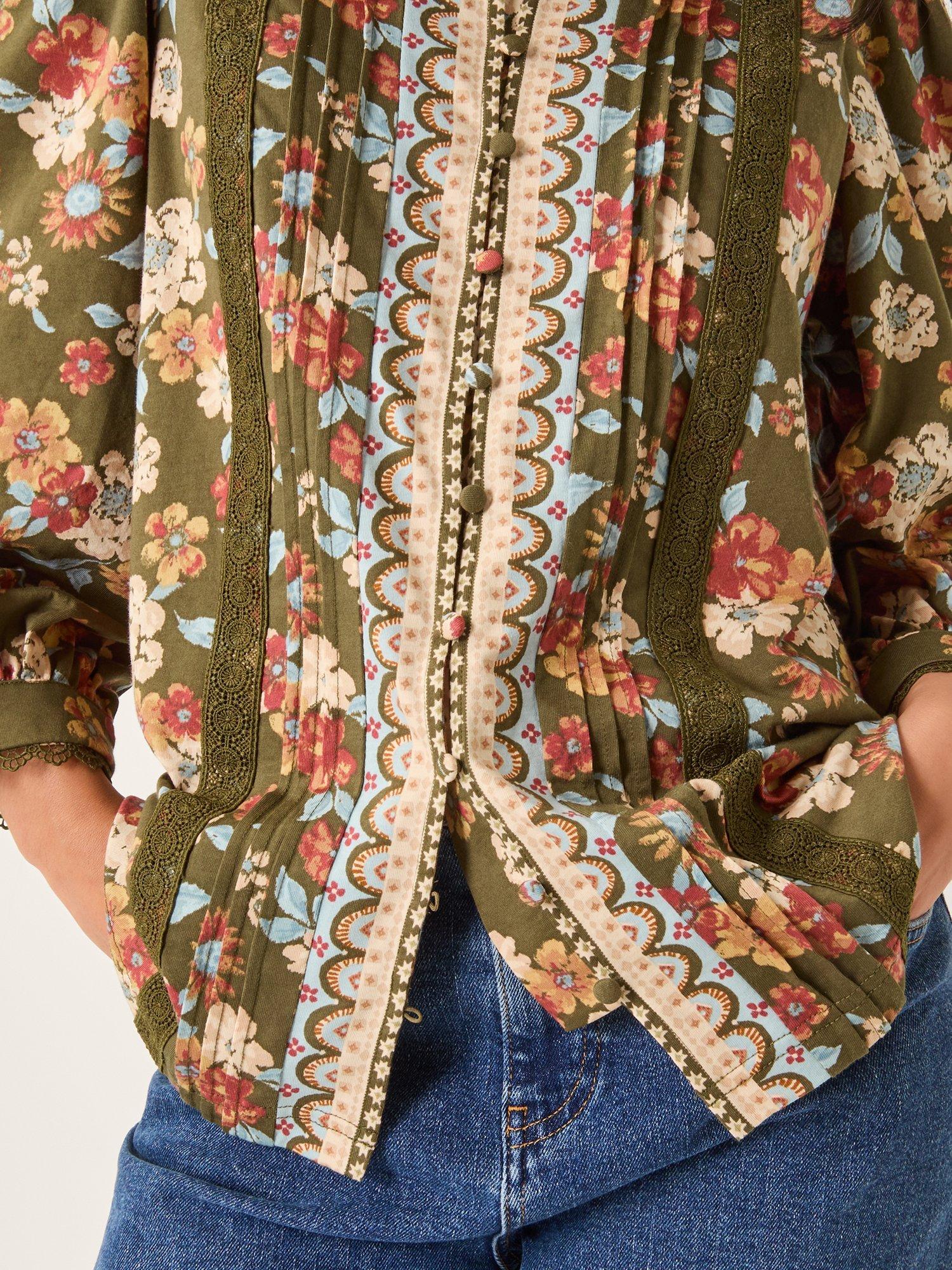 Product image 3 of 5, which shows Monsoon Olive Floral Jersey Shirt, Khaki, S