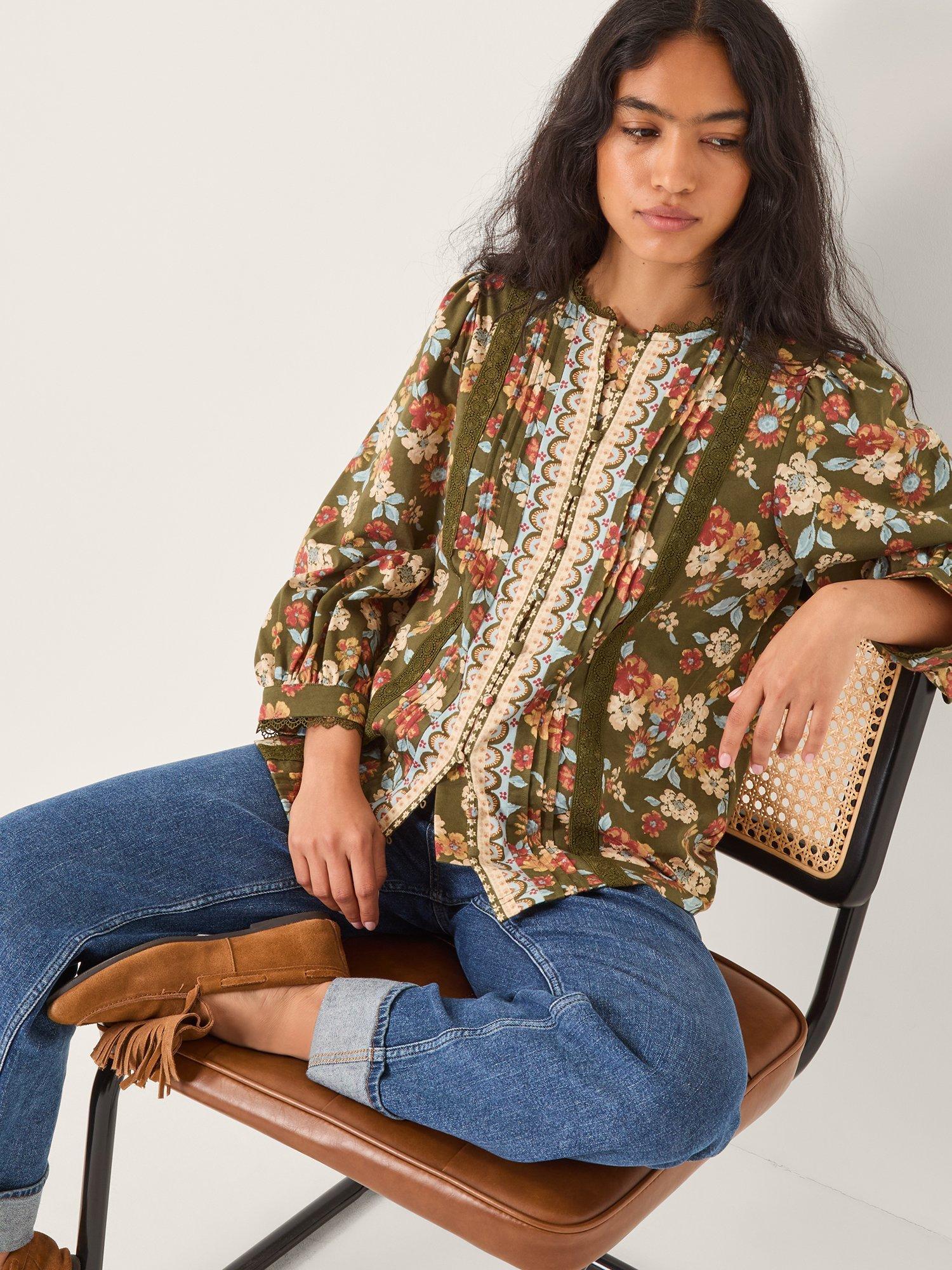 Product image 4 of 5, which shows Monsoon Olive Floral Jersey Shirt, Khaki, S