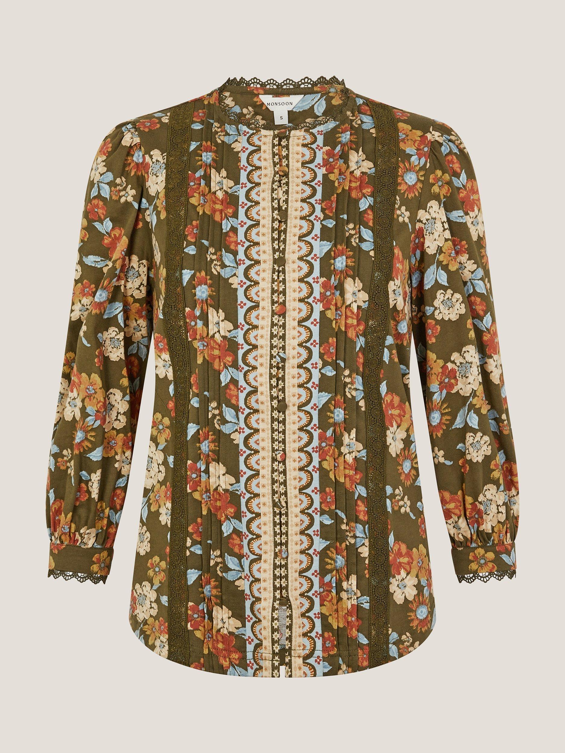 Product image 5 of 5, which shows Monsoon Olive Floral Jersey Shirt, Khaki, S