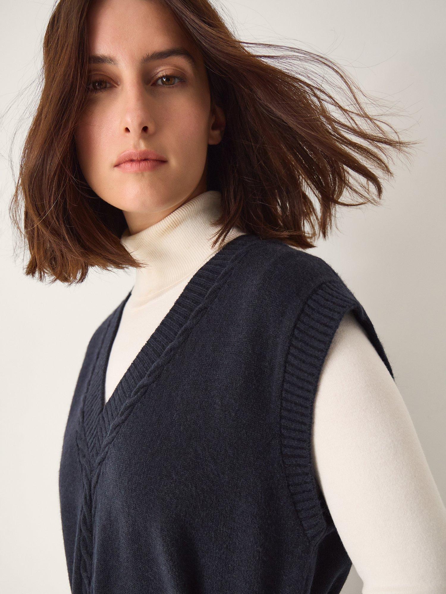 Product image 4 of 5, which shows Monsoon Cohen Cable Knit Detail Knit Top, Navy, S