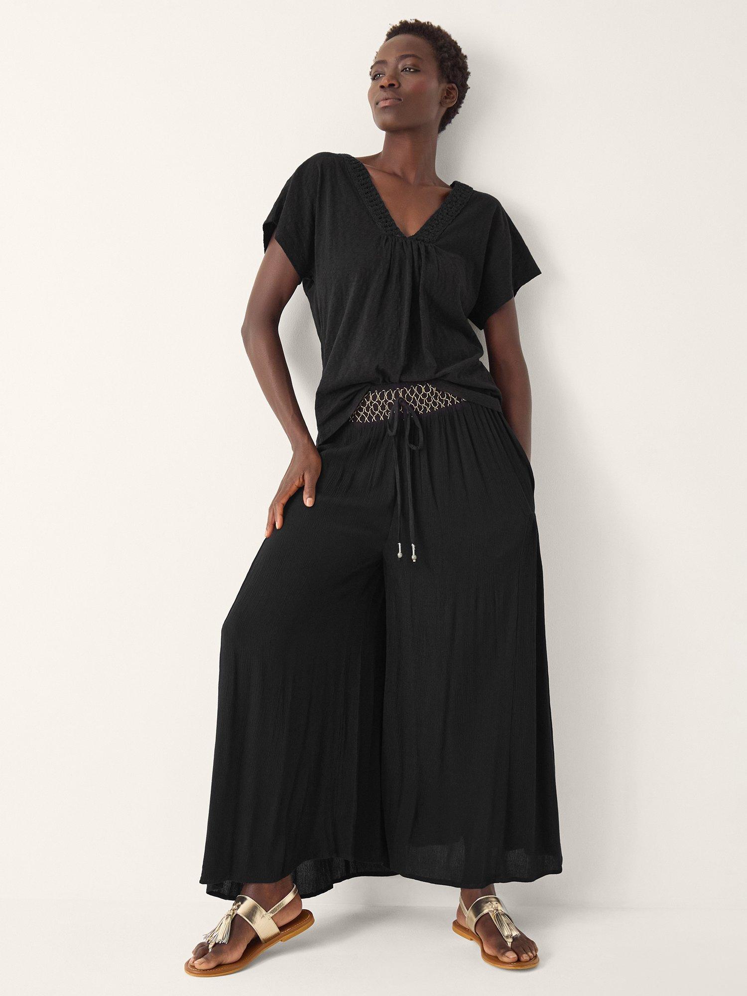 Product image 1 of 4, which shows Monsoon Amaya Crochet V-Neck T-Shirt, Black, S