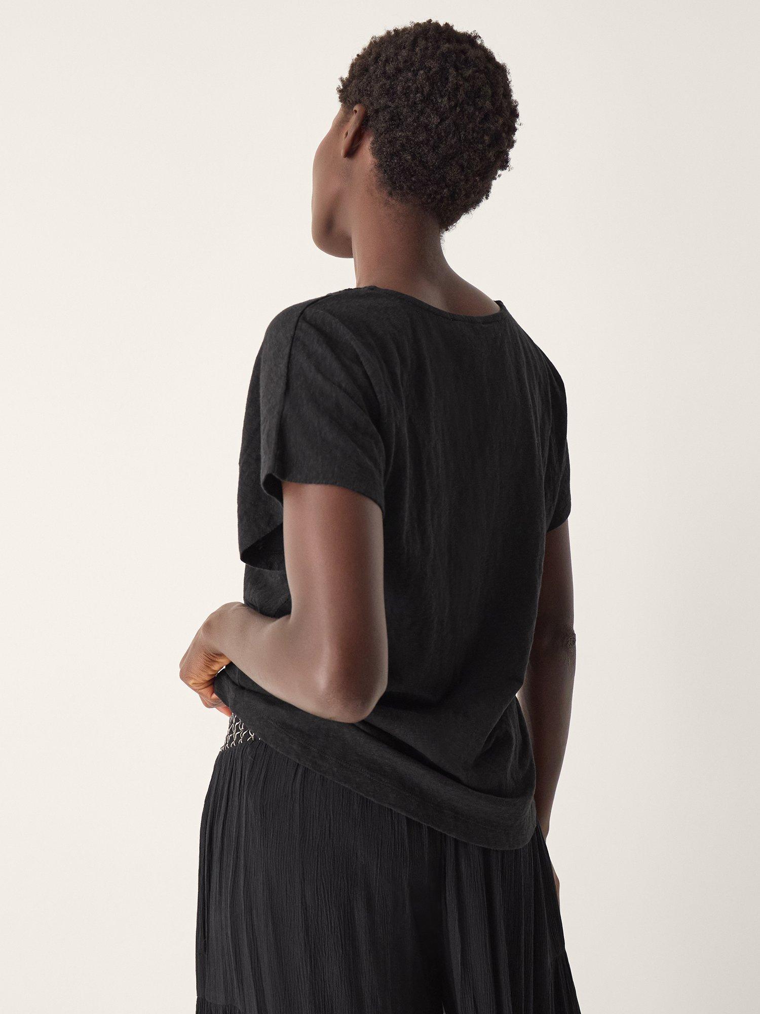 Product image 2 of 4, which shows Monsoon Amaya Crochet V-Neck T-Shirt, Black, S