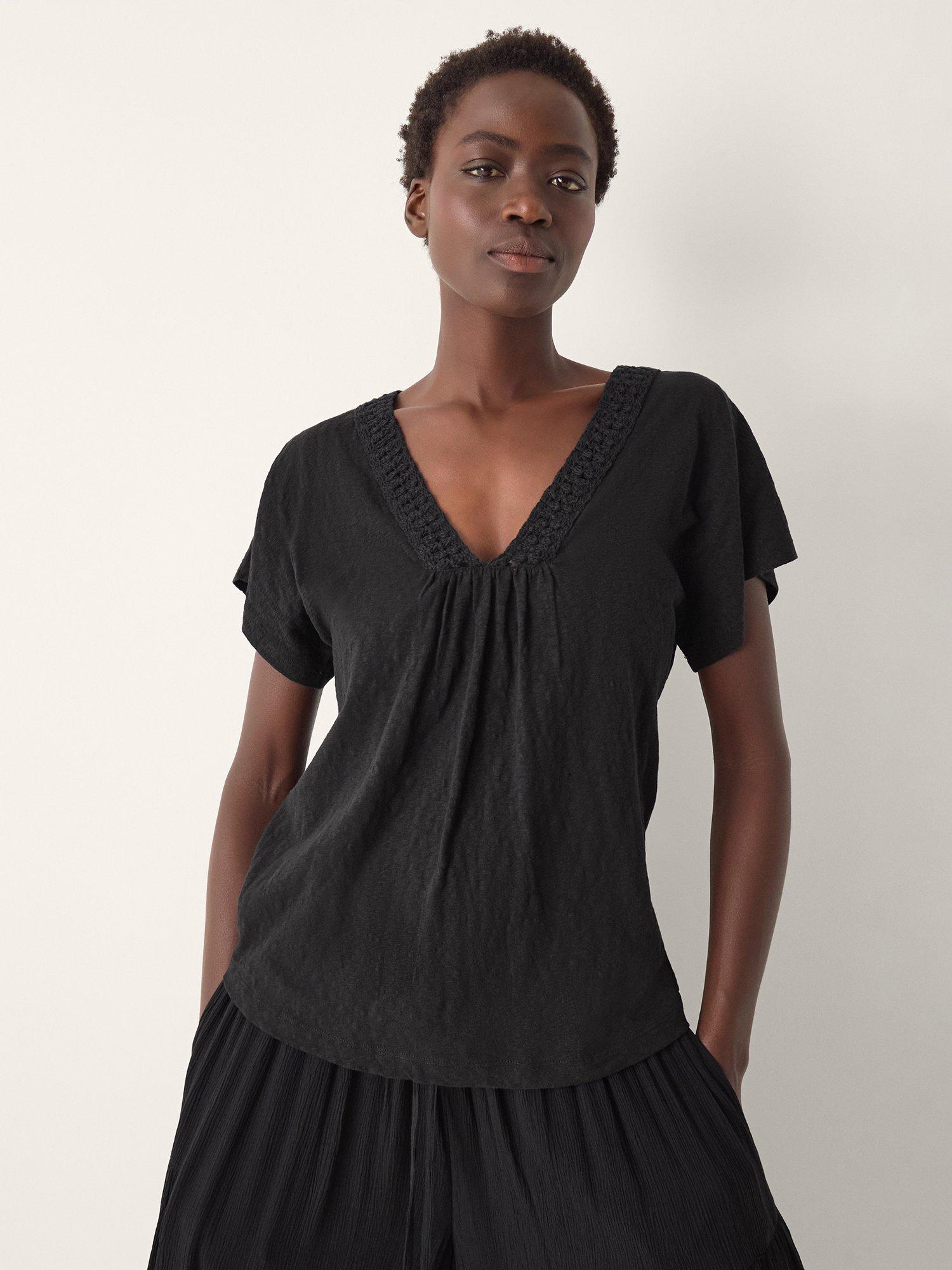 Product image 3 of 4, which shows Monsoon Amaya Crochet V-Neck T-Shirt, Black, S