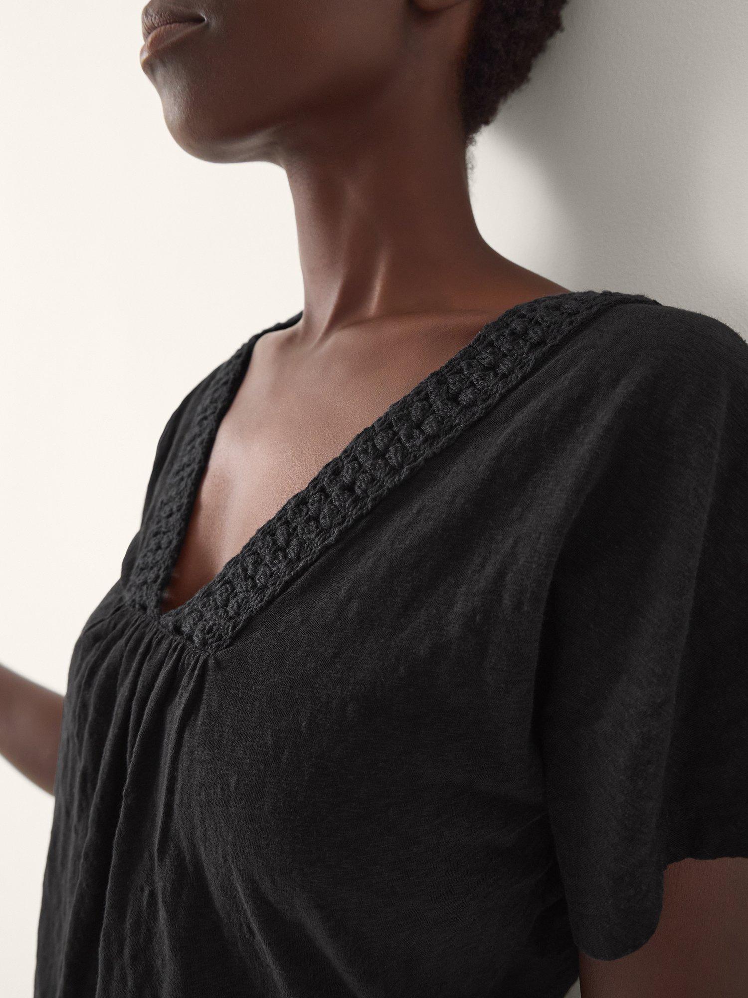 Product image 4 of 4, which shows Monsoon Amaya Crochet V-Neck T-Shirt, Black, S