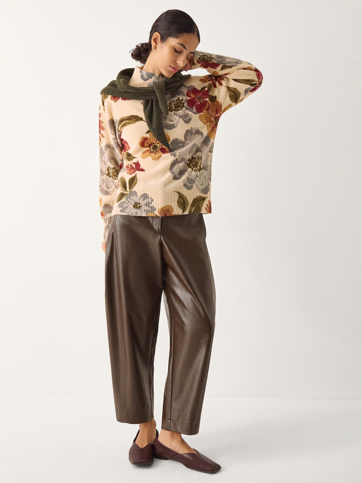 Product image 1 of 5, which shows Monsoon Olive Floral High Neck Jumper, Ivory, S