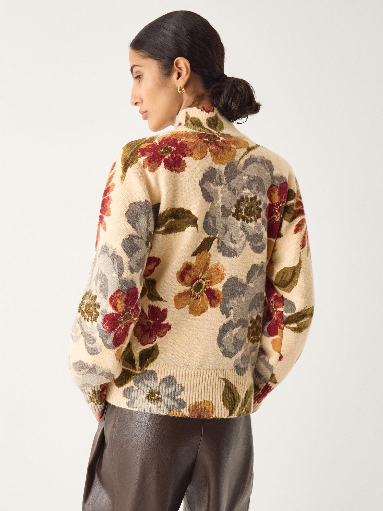 Product image 2 of 5, which shows Monsoon Olive Floral High Neck Jumper, Ivory, S