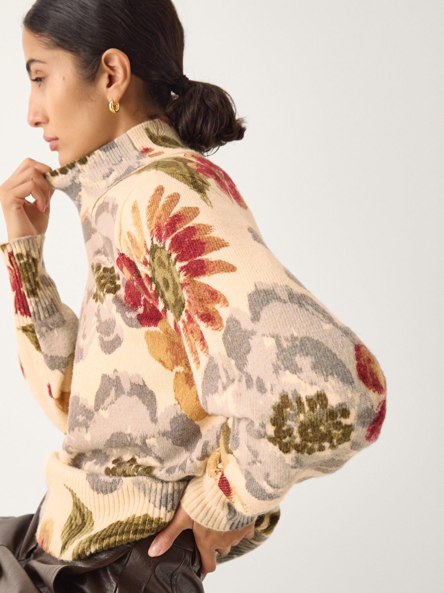 Product image 3 of 5, which shows Monsoon Olive Floral High Neck Jumper, Ivory, S