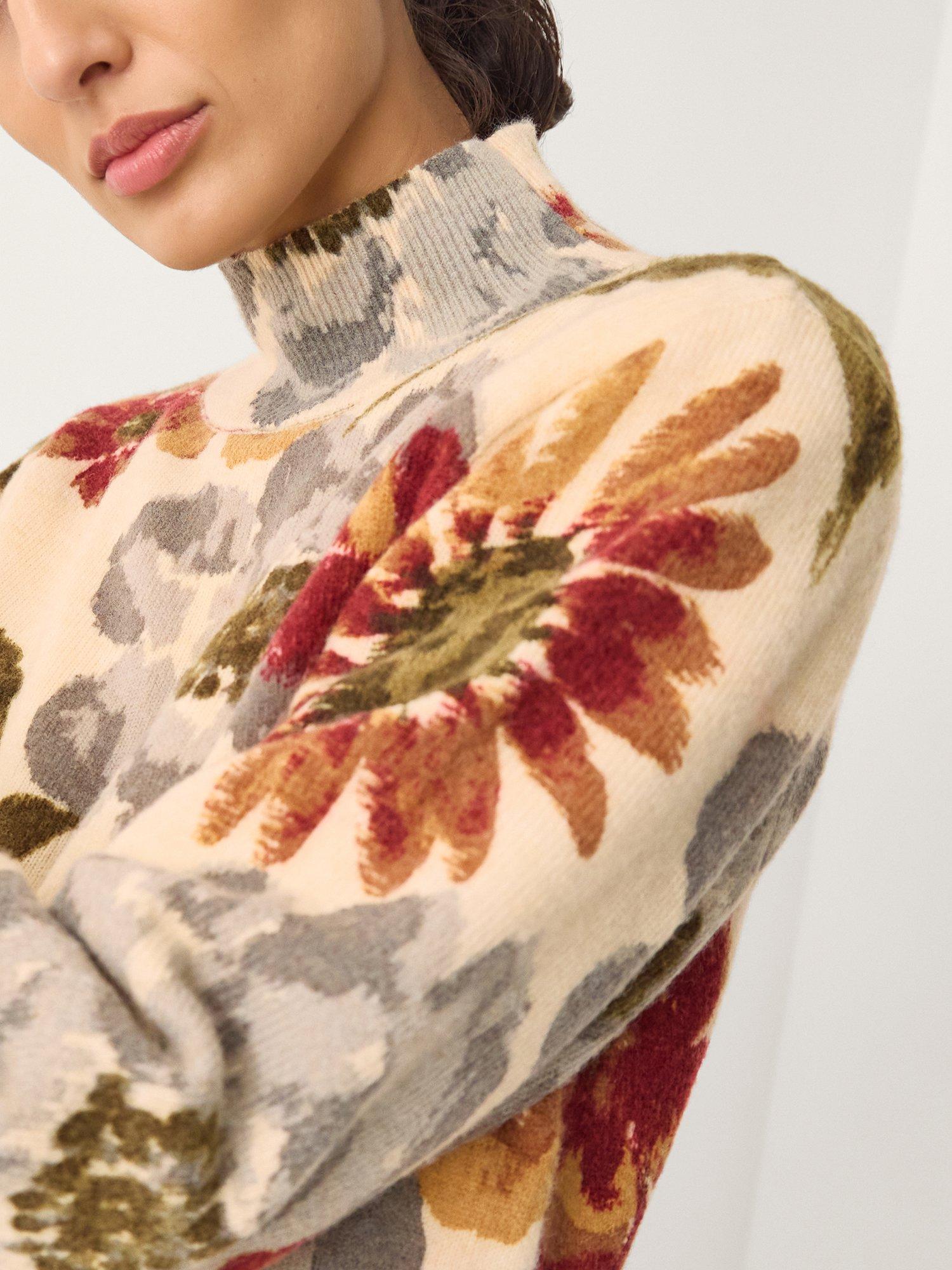 Product image 4 of 5, which shows Monsoon Olive Floral High Neck Jumper, Ivory, S