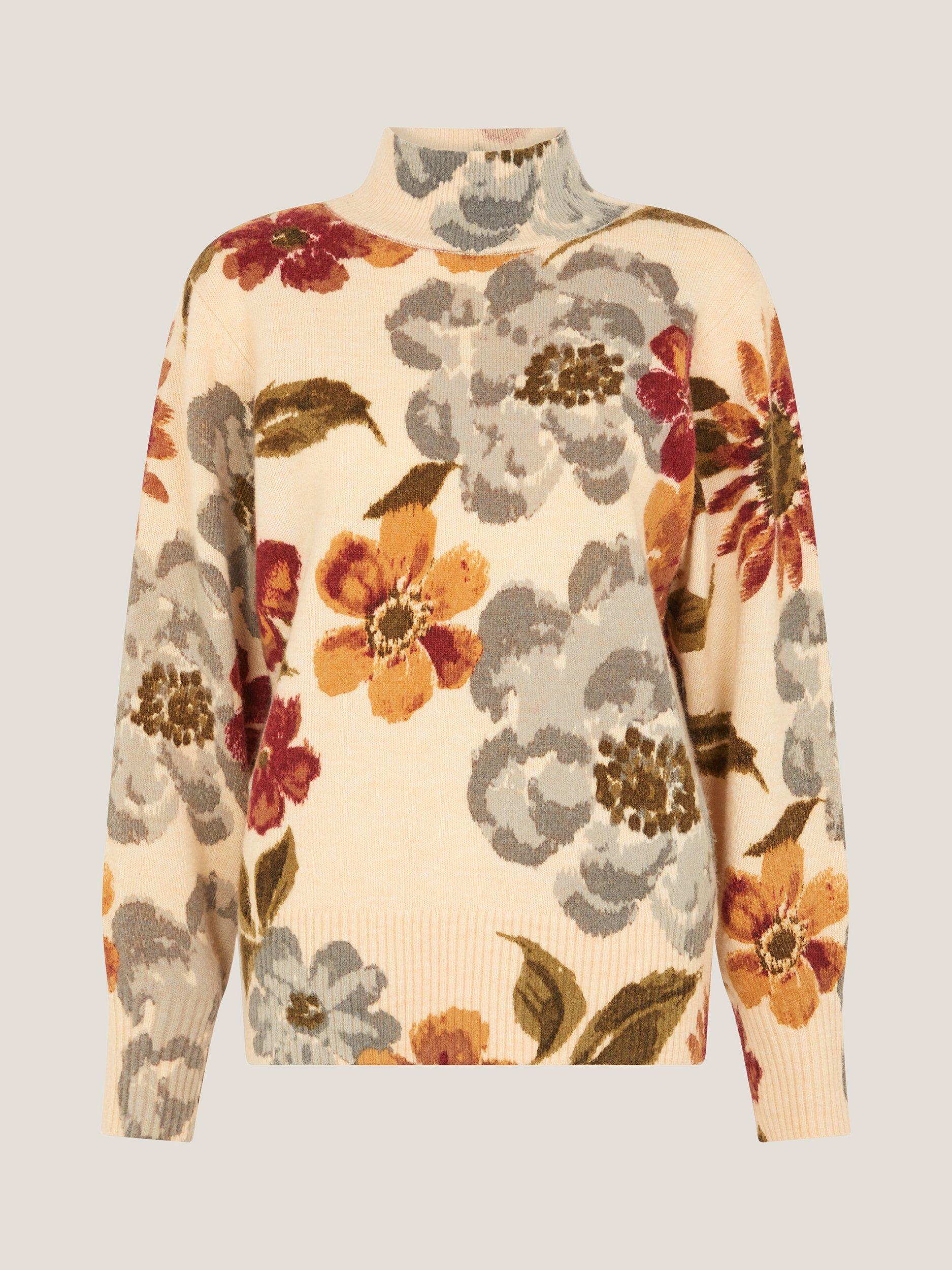 Product image 5 of 5, which shows Monsoon Olive Floral High Neck Jumper, Ivory, S