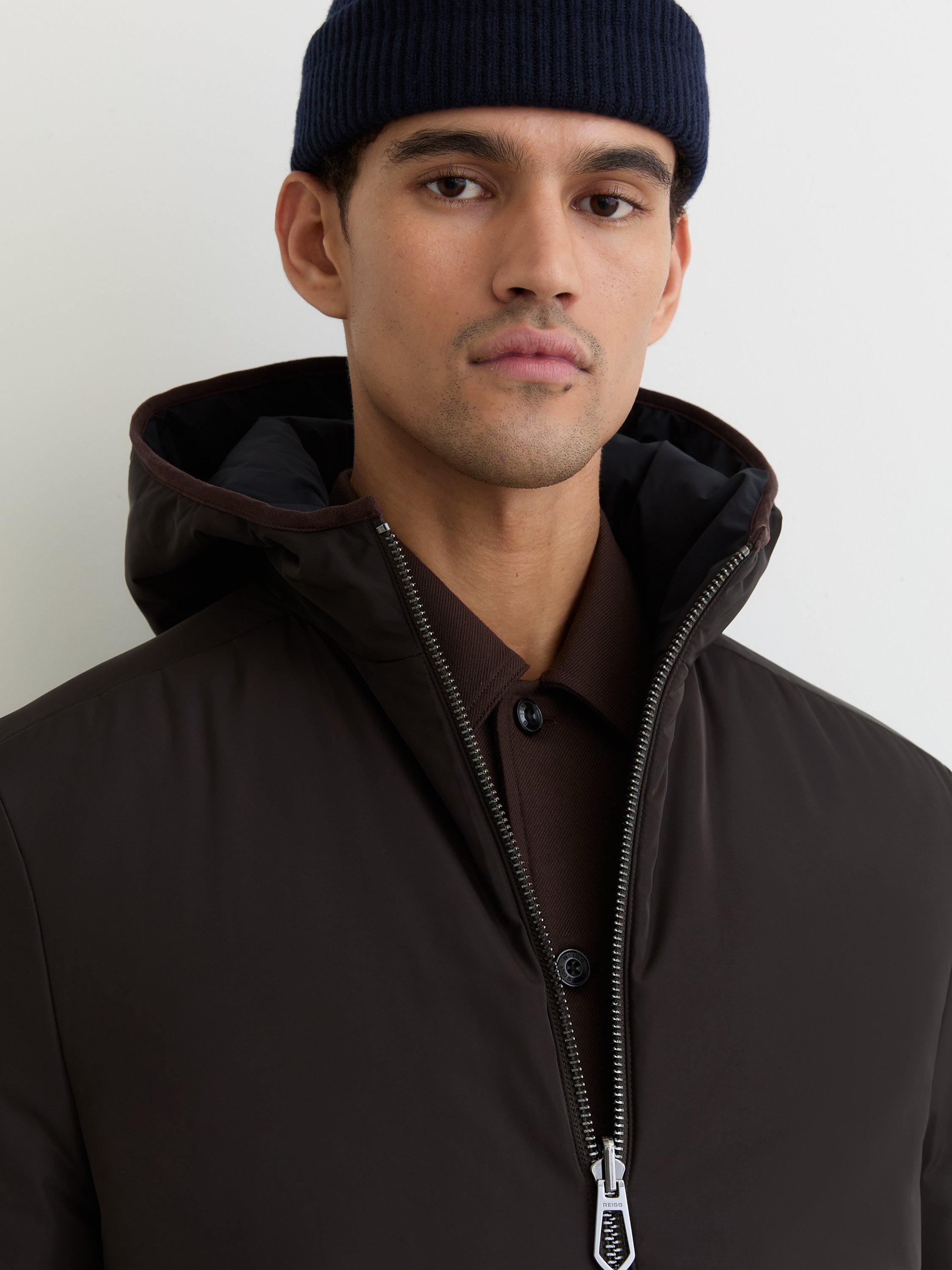 Product image 2 of 5, which shows Reiss Devonay Puffer Jacket, Navy/Brown, XS