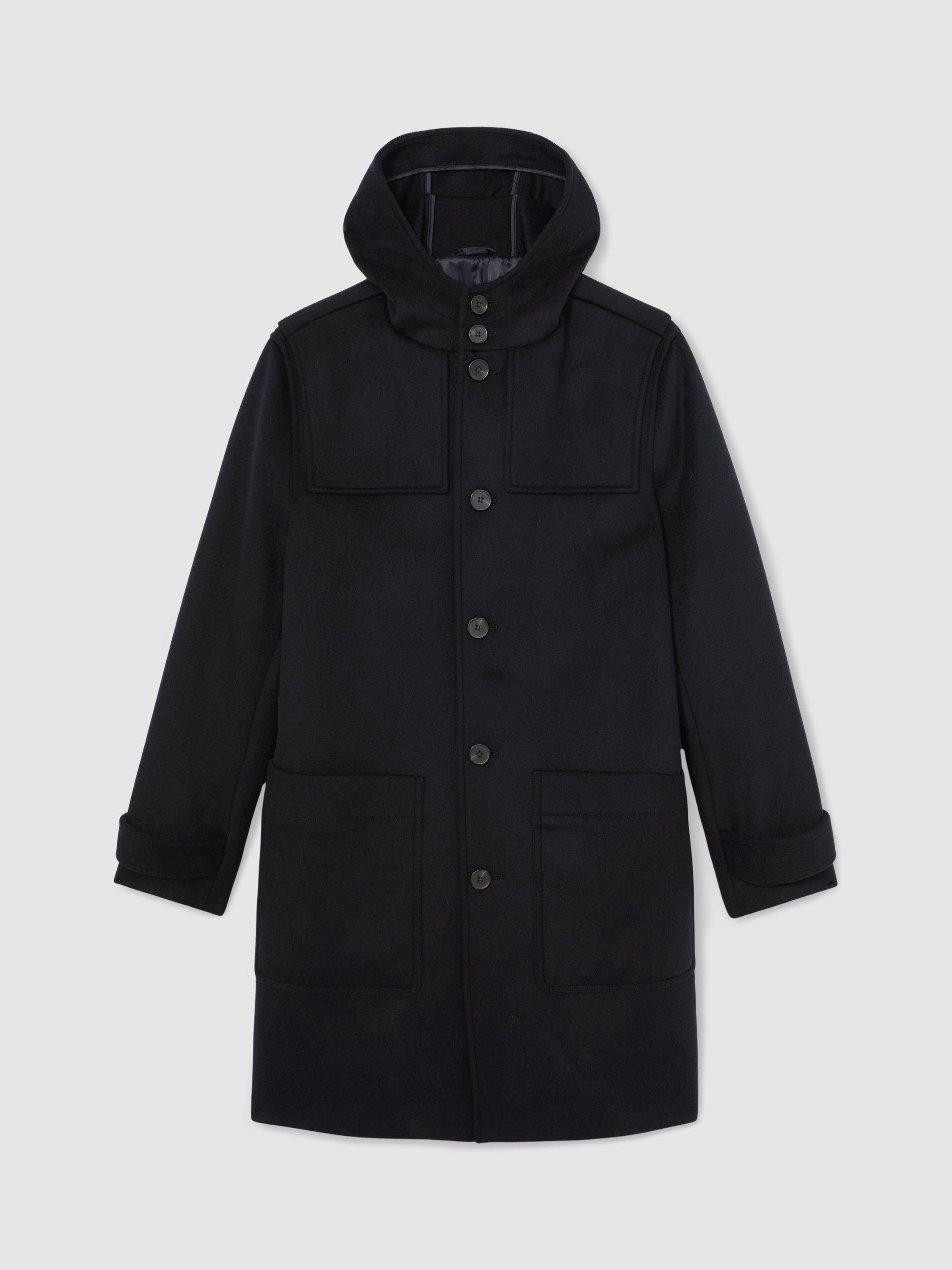 Product image 3 of 5, which shows Reiss Planter Wool-Blend Hooded Duffle Coat, Navy, XS