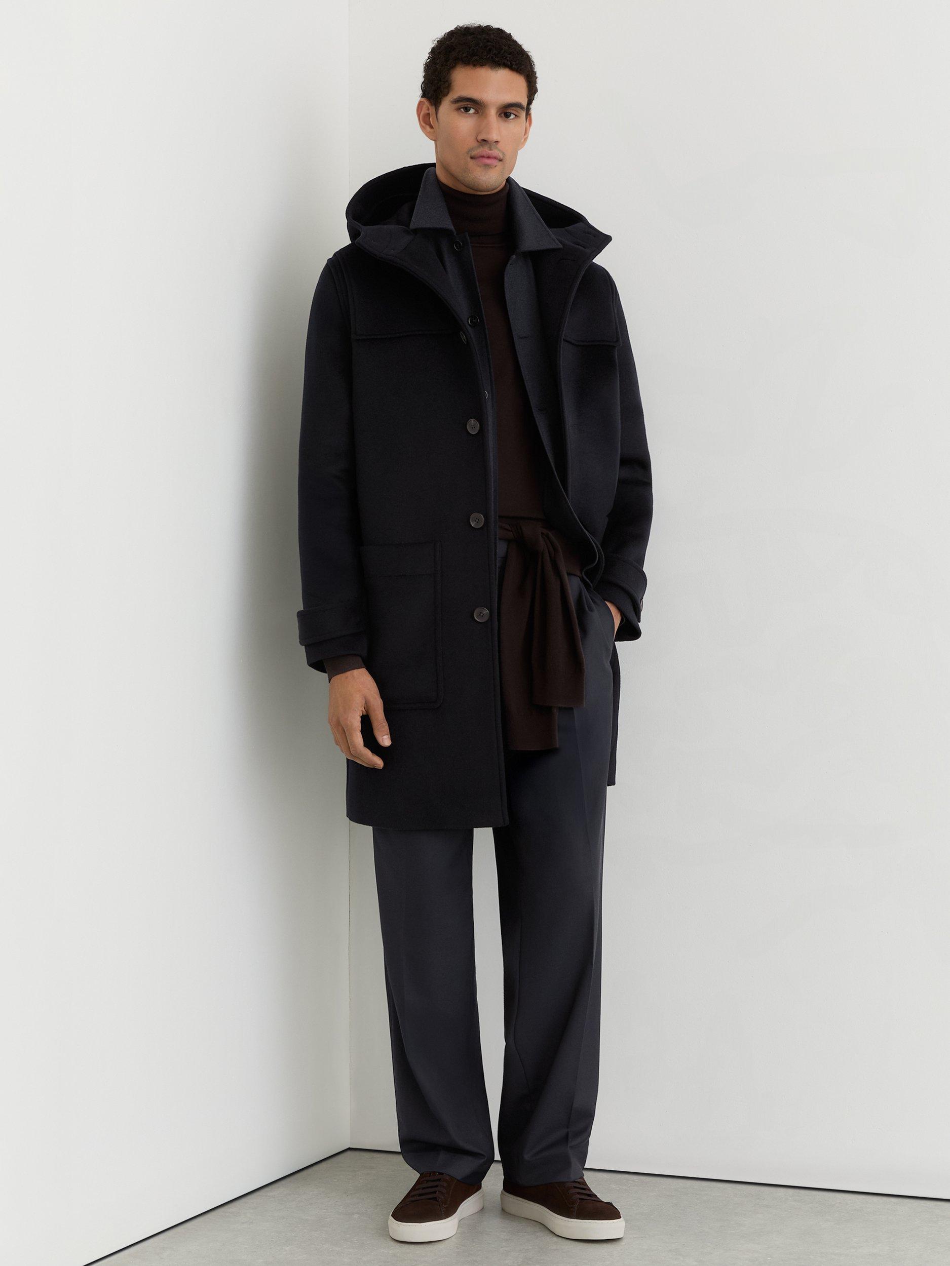 Product image 4 of 5, which shows Reiss Planter Wool-Blend Hooded Duffle Coat, Navy, XS