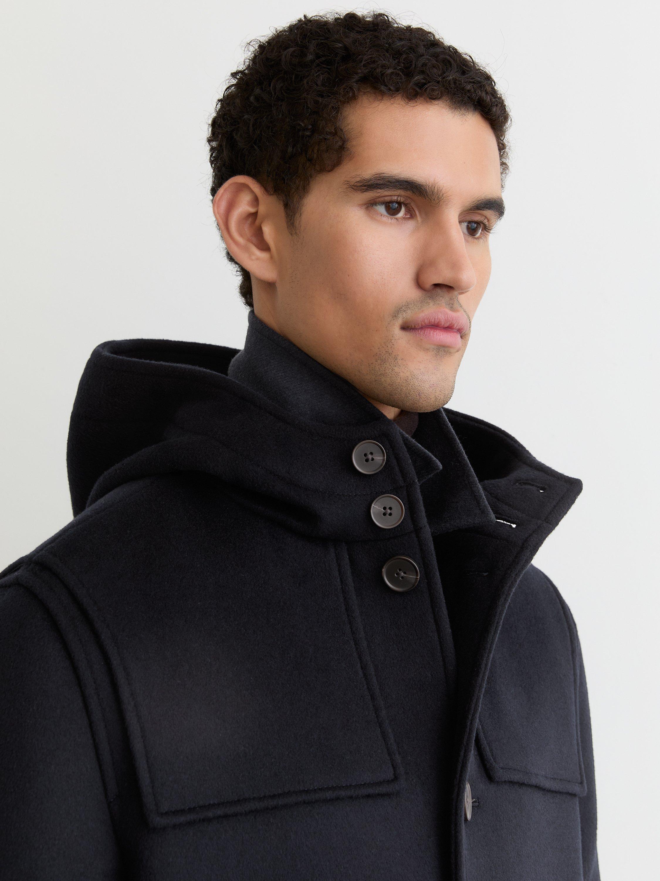 Product image 5 of 5, which shows Reiss Planter Wool-Blend Hooded Duffle Coat, Navy, XS