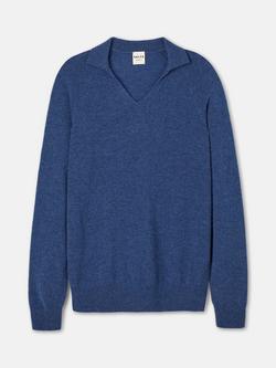 SALTS Unisex Split Neck Pure Cashmere Polo Jumper, Denim Blue