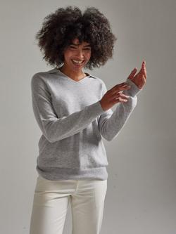 SALTS Unisex Split Neck Pure Cashmere Polo Jumper - view 2, Grey Marl