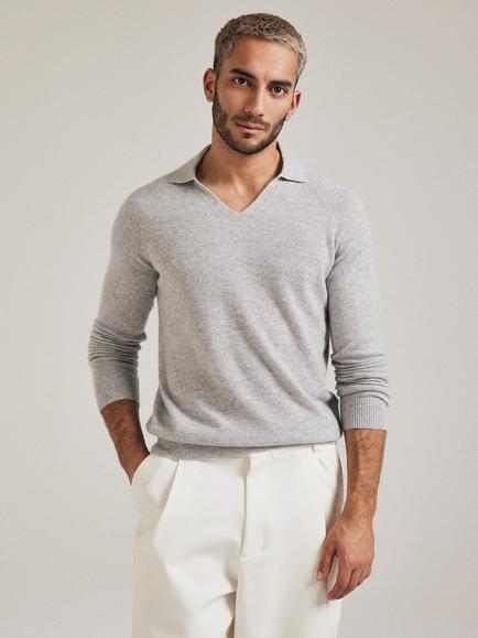 SALTS Unisex Split Neck Pure Cashmere Polo Jumper - view 2, Grey Marl