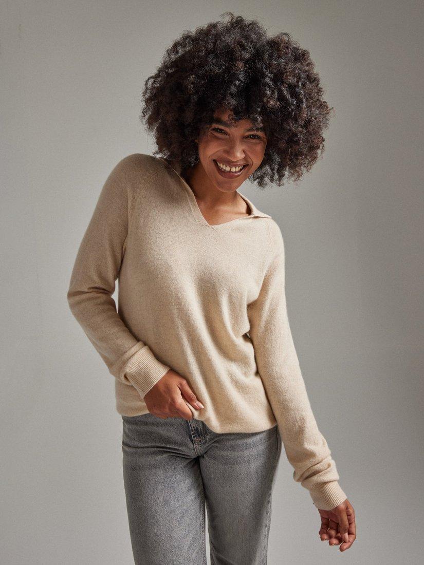 Product image 1 of 5, which shows SALTS Unisex Split Neck Pure Cashmere Polo Jumper, Sand, S